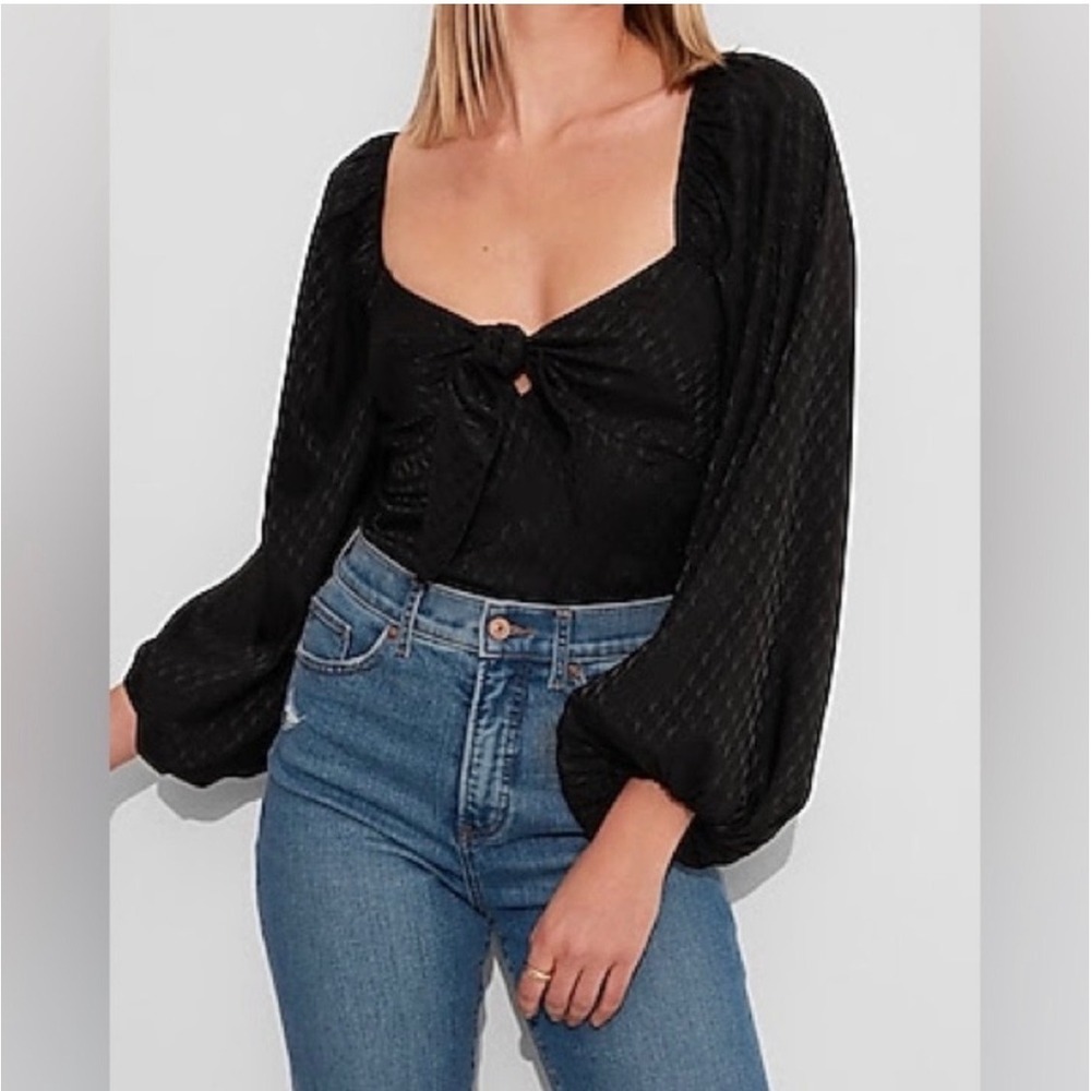Express Bodysuit Women Small Black Dark Romance Jacquard Puff Sleeve Tie Front